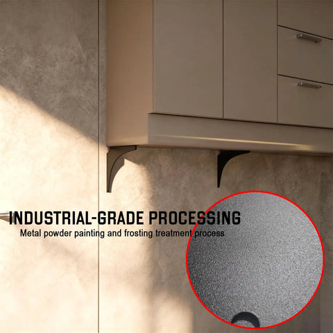 Beefy 1000-Pound Heavy Duty Shelf Brackets Set In Industrial Steel, Black, installed under cabinet with texture detail