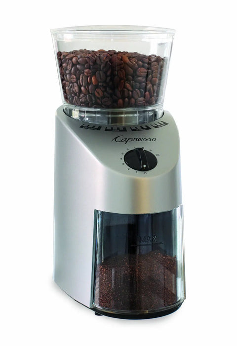 Top Shelf Conical Burr Coffee Grinder Featuring Commercial Steel Burrs with beans in container and ground coffee visible.