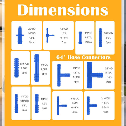 Premium 6PC 5Ft Silicone Vacuum Hose Kit With 64 Connectors And 24 Clamps For Cars Featuring Various Sizes To Fit Water Or Air Lines Perfect For DIY Auto Mods And Racing Fixes. Dimensions chart of blue silicone hose connectors