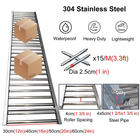Heavy Duty Gravity Conveyor Roller Belt 20 Inch Wide Rustproof Stainless Steel Industrial Long Length For Warehouse Shipping Logistics And Construction Sites with cardboard boxes on rollers.