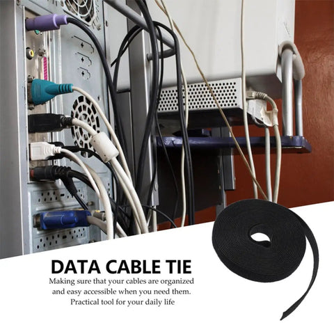 Hella Durable Self Gripping Cable Ties Black Two Roll Bundle for slick wire management on tangled cables at a workstation.