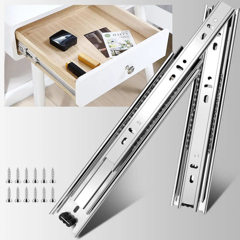 22 Inch Full Extension Drawer Slides Four Pairs Heavy Duty Ball Bearing Side Mount Runners For Dresser Kitchen Cabinet And Pantry Drawers in silver with screws.