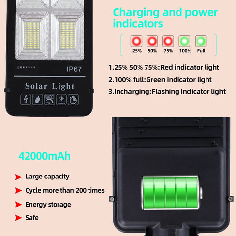 Super Bright 300W Solar Street Flood Light For Outdoor Use, battery and charging indicators, remote, 6500K white, IP67