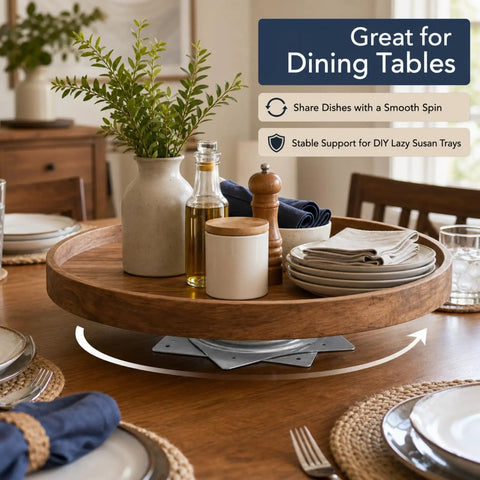Wooden dining table with 6 Inch Lazy Susan Hardware Kit 8 Pack, Heavy Duty Silver Turntable Bearing for serving dishes.