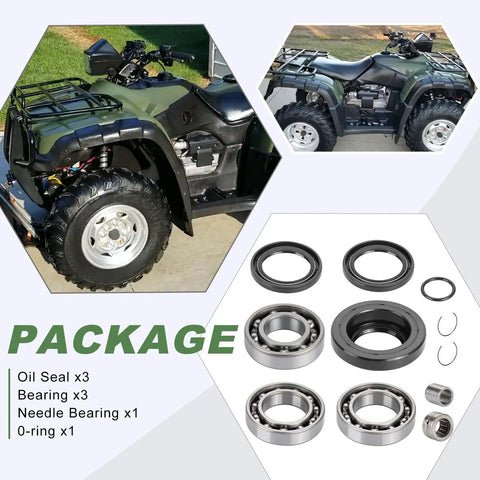 Rear Differential Bearing Seal Kit for Rubicon 500 TRX500FA FGA and Foreman 450 TRX450FE FM and Foreman 400 TRX400FW 2001 2004 ATV Repair Kit with Heavy Duty Seals for Long Lasting Gear Case Protection, shown with ATV and components layout