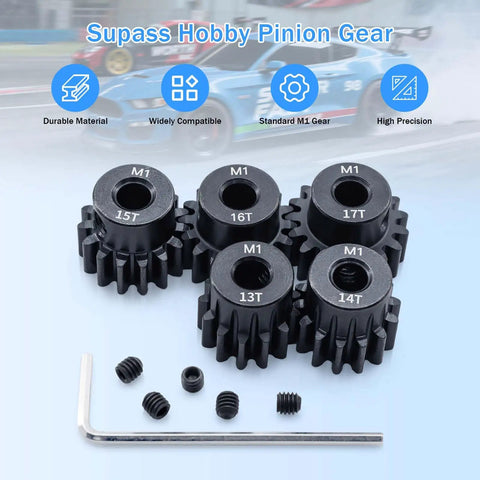 Hardened Mod One Pinion Gear With Five mm Bore And Thirteen To Seventeen Teeth, 5-pack RC gears for durable performance.
