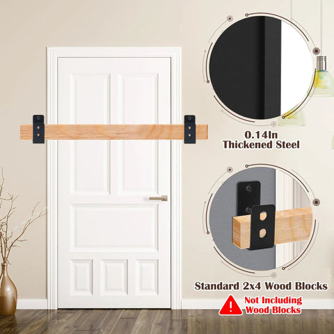 Top Shelf Heavy Duty Door Barricade Brackets For Total Security with wooden bar and black steel mounts, ideal for extra door security.