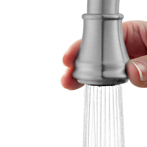 Detail of Glenfield 2-Handle High Arc Kitchen Faucet With Side Sprayer In Stainless Steel ADA Compliant Ceramic Disc Valve Tech Tri-Flow
