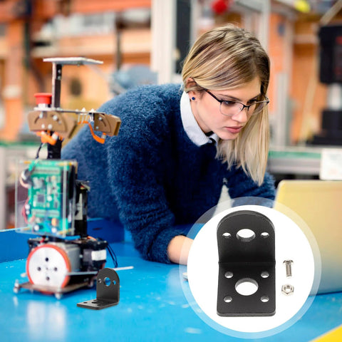 Black metal DC motor mounting bracket with screws and multiple mounting holes