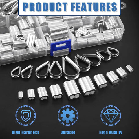 Pro Grade 123 Piece Wire Rope Kit With 24 Inch Crimping Tool 8 Inch Cable Cutter Aluminum Loop Sleeves Stainless Steel Cable Thimbles And Anti Cut Gloves For DIY Rigging Marine And Heavy Duty Hardware displayed in box