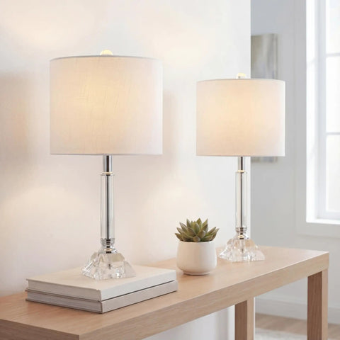 Clear Crystal Table Lamps Set Of 2 Measuring Nineteen Point Five Inches Tall With Chrome Glass Columns, Modern Glam Nightstand Lamps