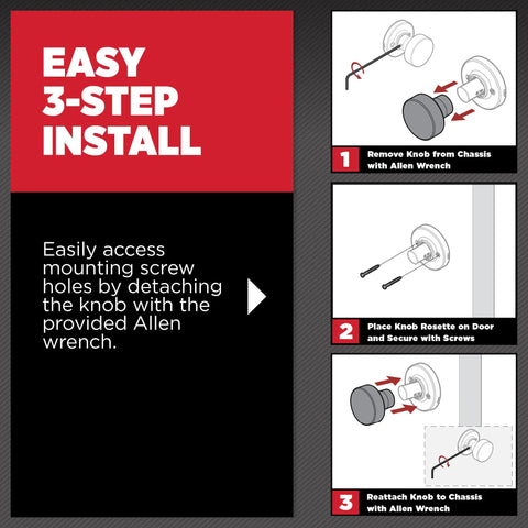 Pismo Dummy Door Knob Matte Black Non Turning Interior Pull For Closets French Double Doors And Pantry Easy DIY Install With Microban Protection No Latch Needed installation guide showing 3-step install with Allen wrench.