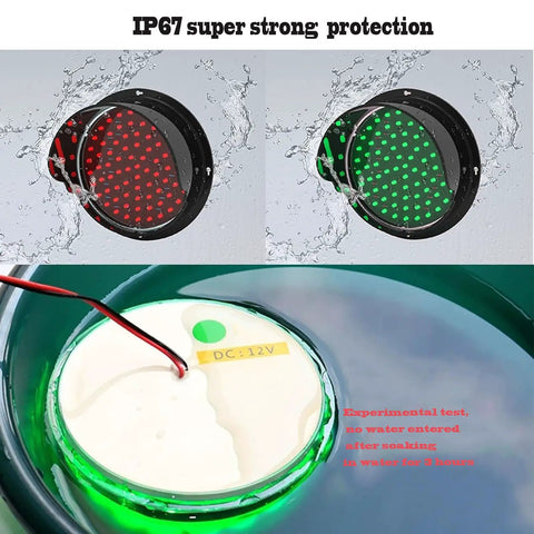 Heavy Duty Industrial Traffic Light With Wireless Remote Control Dual Red Green Signal For Loading Docks And Warehouses showing both red and green lights submerged in water.