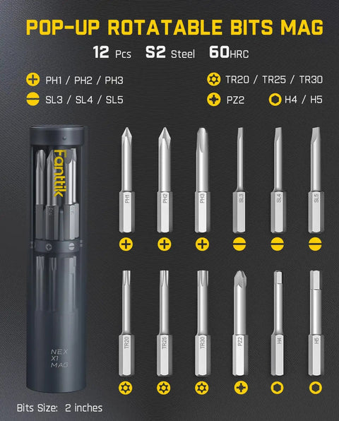 Sleek Pocket Capsule Cordless Electric Screwdriver Kit With Deluxe Extra Bit Holder And Storage Pouch showing 12 S2 Steel bits in a pop-up holder.