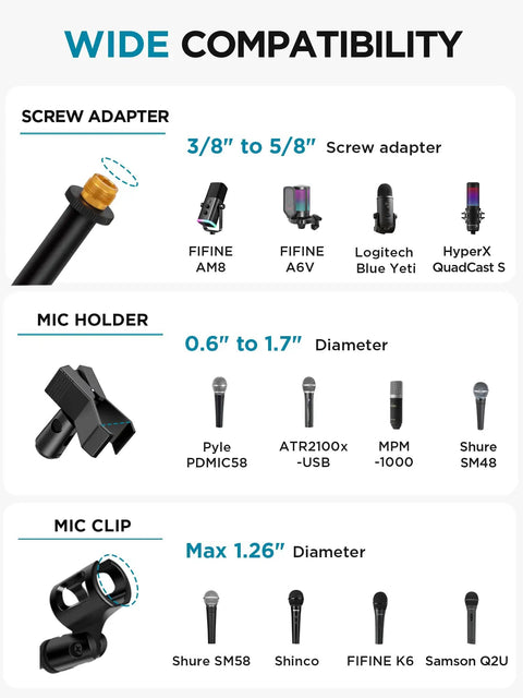 Compatibility chart for Heavy Duty Floor Microphone Stand With Boom Arm, Adjustable Tripod including adapters and mic models.