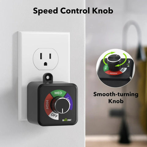 Plug In 3 Speed Fan Speed Controller With Easy Knob For Inline Duct Exhaust Fans And Ventilation Systems shown plugged in wall outlet