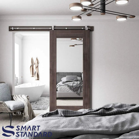 Bedroom with bath showing Top Mount Sliding Barn Door Hardware Kit In Stainless Steel, 6 Feet Track, T Shape Hanger System
