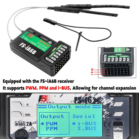 Close-up of FS-iA6B receiver with PWM, PPM, i-BUS support for Six Channel 2.4GHz RC Transmitter Controller with iA6B Receiver.