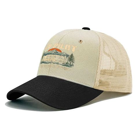 Funny RV Pilot Camper Road Trip Hat Avid Traveler Baseball Cap, beige mesh with black brim, adventure design, adjustable