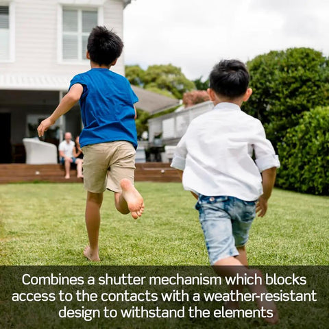 Killer Slim GFCI Weather And Tamper Resistant Outlet 20 Amp shown in outdoor setting with children running nearby.