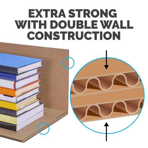 Hassle Free Small Moving Boxes With Reinforced Handles And Lift Off Lids Tape Free Assembly Heavy Duty Cardboard Carriers stacked with books, showcasing double wall construction for strength.