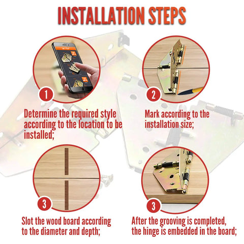 Heavy Duty Drop Leaf Table Hinge Support Four Point Five Inch Folding Bracket installation steps, showing wood markings and hinge placement.