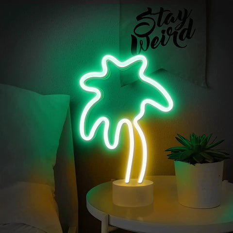 Palm Tree Neon Light With Stand For Bedroom And Game Room In Green And Yellow Colors Battery Or USB Powered Coconut Trees Sign