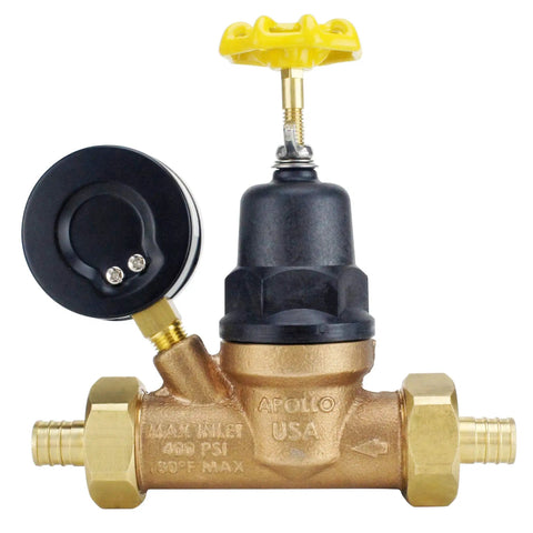 3/4 Inch Bronze PEX Water Pressure Regulator With Gauge Double Union Lead Free With Built In Bypass Gauge For Quick Reads