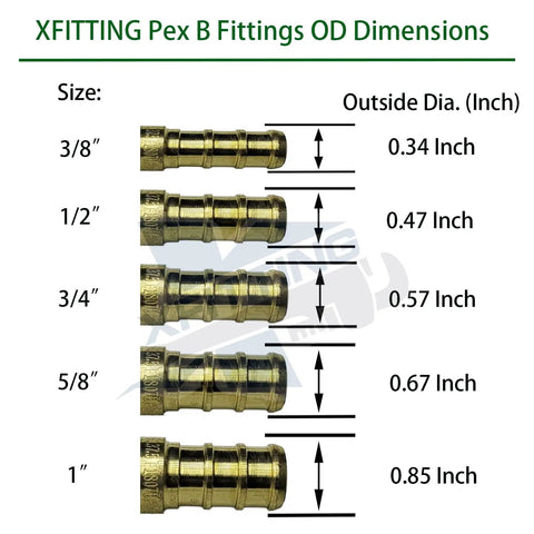 Chart showing Xfitting PEX B fittings outside diameters from 3/8 inch to 1 inch for plumbing applications.