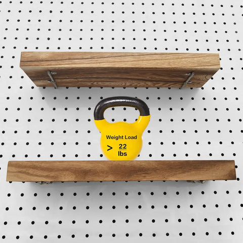 Pegboard Shelves With Lip For 14 By 4 Inch Peg Boards Three Pack shown supporting 22 lbs weight, installed on a pegboard.