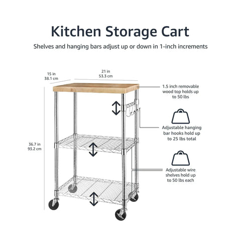 Easy Roll Kitchen Cart With Smooth Glide Caster Wheels And Custom Fit Wooden Top Plus Dual Chrome Shelves For Microwaves Or Mini Coolers Heavy Duty Mobile Storage Organizer Rack with adjustable shelves
