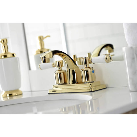 4 Inch Centerset Bathroom Faucet In Polished Brass, Durable Brass Zinc Alloy And ABS Construction, Deck Mount Three Hole Install, 1.2 GPM Flow At 60 PSI, Sleek Dope Modern Bath Upgrade