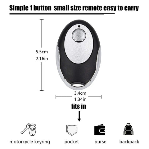 Front view of a small 1-button black and silver remote, dimensions shown, for 3 Pack Garage Door Remote Keychain Replacement For Sears Craftsman Chamberlain LiftMaster With Yellow Learn Button Security 2.0 Compatible With 891LM 893LM 950ESTD 953ESTD.