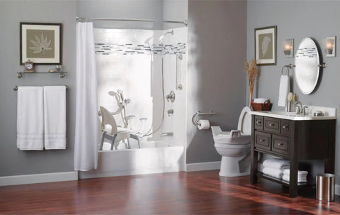 Modern bathroom with 24 Inch Designer Bathroom Grab Bar With Curled Grip In Stainless Steel, mounted by shower and toilet.