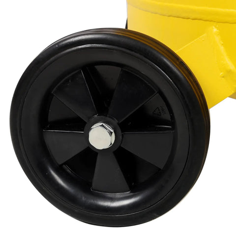 Close-up of the six-inch wheel on the 21 Gallon Portable Vertical Air Compressor With 2.5Hp Motor And 115Psi Output yellow tank.