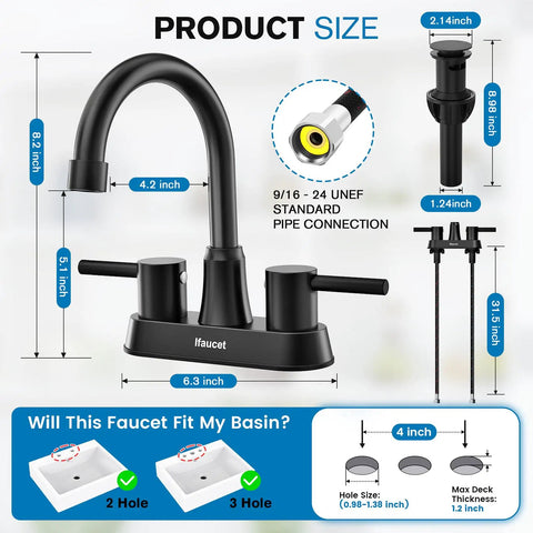 Diagram of Matte Black 4 Inch Centerset 3 Hole Bathroom Faucet With Two Handles Lead Free Copper Pop Up Drain SUS304 Stainless Steel