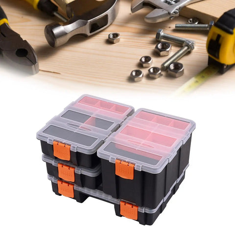 Rugged Tool Organizer Box with adjustable compartments and ergonomic handle, shock resistant and waterproof, stacked on table.
