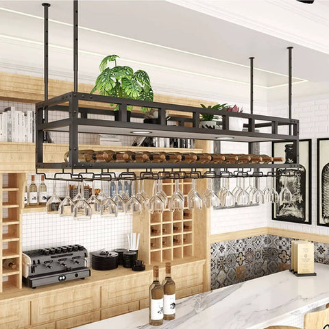 Ceiling Mounted Hanging Wine Glass And Bottle Rack For Bar And Garage, Heavy Duty Iron Shelf For Glasses And Bottles, Easy Install