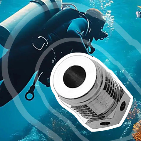 Diver with Dive Gear Burst Disc Valve Assembly For Scuba Tanks 5000psi 5250psi Regulators in ocean setting