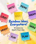 Bright Color 3x3 Sticky Notes Pack With 18 Pads And 50 Sheets Each Super Sticky Recyclable Note Set For Home Office School Vibrant 9 Color Assortment Easy Organization On Point Reminders displayed with various inscriptions.