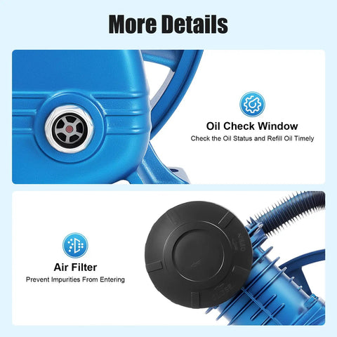 Heavy Duty 2 Cylinder Air Compressor Pump Head With Flywheel showing oil check window and air filter for maintenance.