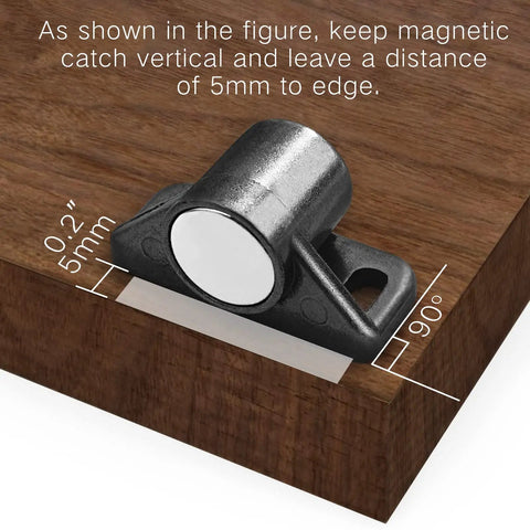 Battle Tested Magnetic Cabinet Door Catch Latch 4 Pack Neodymium Zinc Alloy Gun Metal showing installation tips on wood.