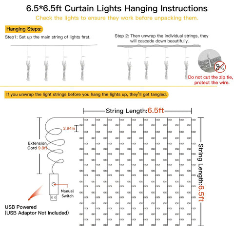 Diagram showing hanging instructions for 6.5x6.5ft 200 LED curtain string lights for indoor outdoor use with USB power and 8 modes.