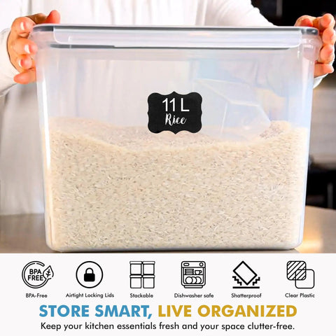 Person holding 11L airtight plastic container filled with rice. 2 Pack Extra Large Food Storage Containers With Lids 11L Each Easy Carry Handle BPA Free Airtight For Flour Sugar Rice Cereal Bulk Pantry Organization.