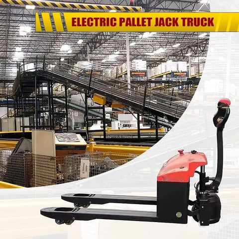 Semi Electric Pallet Jack With 3300 Lbs Capacity Plus Lithium Battery Electric Drive and Manual Hydraulic Lift For Smooth Warehouse Move and Garage Tasks No Sweat Heavy Duty Workhorse in warehouse setting.