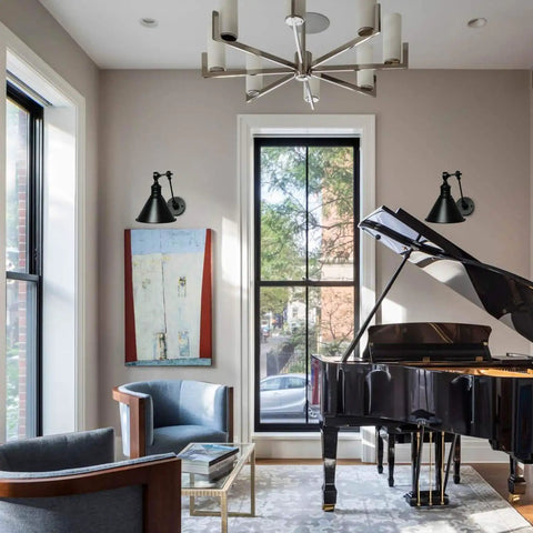 Frosted Black Vintage Industrial Wall Lamp Set, Adjustable Sconce Lighting alongside grand piano in a modern living room