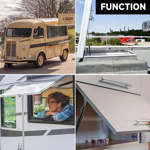 Premium 12 Inch 60 Lbs Gas Spring Strut Set Heavy Duty Universal Lift Supports, shown in use on RV roof and trunk.