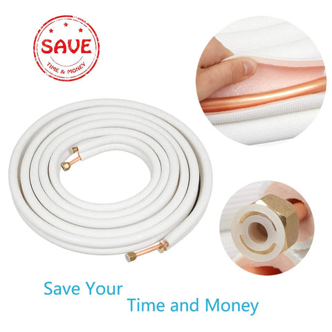 25 Ft Insulated Copper Line Set For Mini Split Systems With One Half Inch And One Quarter Inch Lines Seamless ASTM B280 Tubing Leak Proof Heavy Duty Air Conditioner Refrigeration Coil displayed with connectors and insulation detail