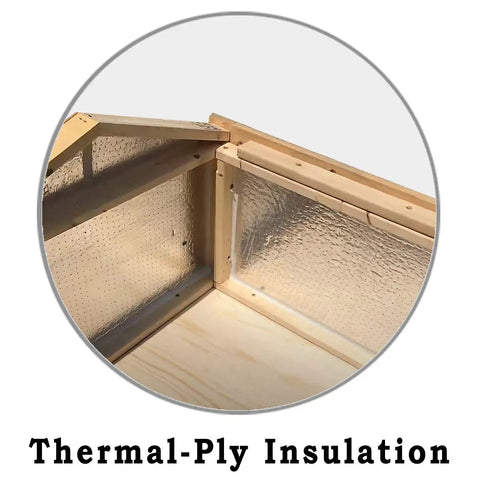 Detailed view of thermal-ply insulation in the Elevated Cedar Cat House, showcasing its insulated walls for cozy outdoor use.