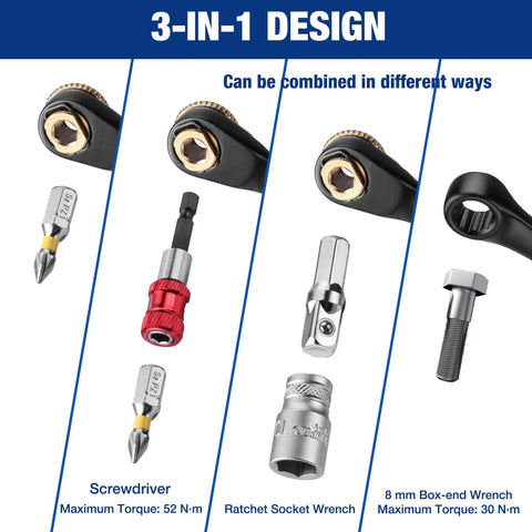 Slick 1/4 Inch Mini Ratchet Wrench Set With Magnetic Hex Bit Holder And Double Head Design showing 3-in-1 design with bits and wrenches.